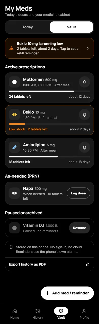 Vault tab: active prescriptions with tablets left and a low stock warning